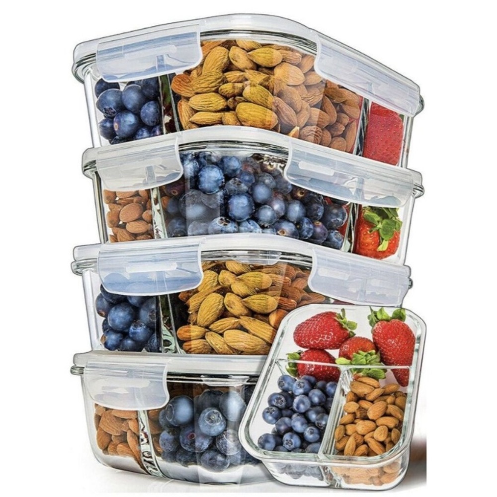 NutrPreps Glass Meal Prep Container 5pc Set 3-Compartment BPA-Free Lunch Box